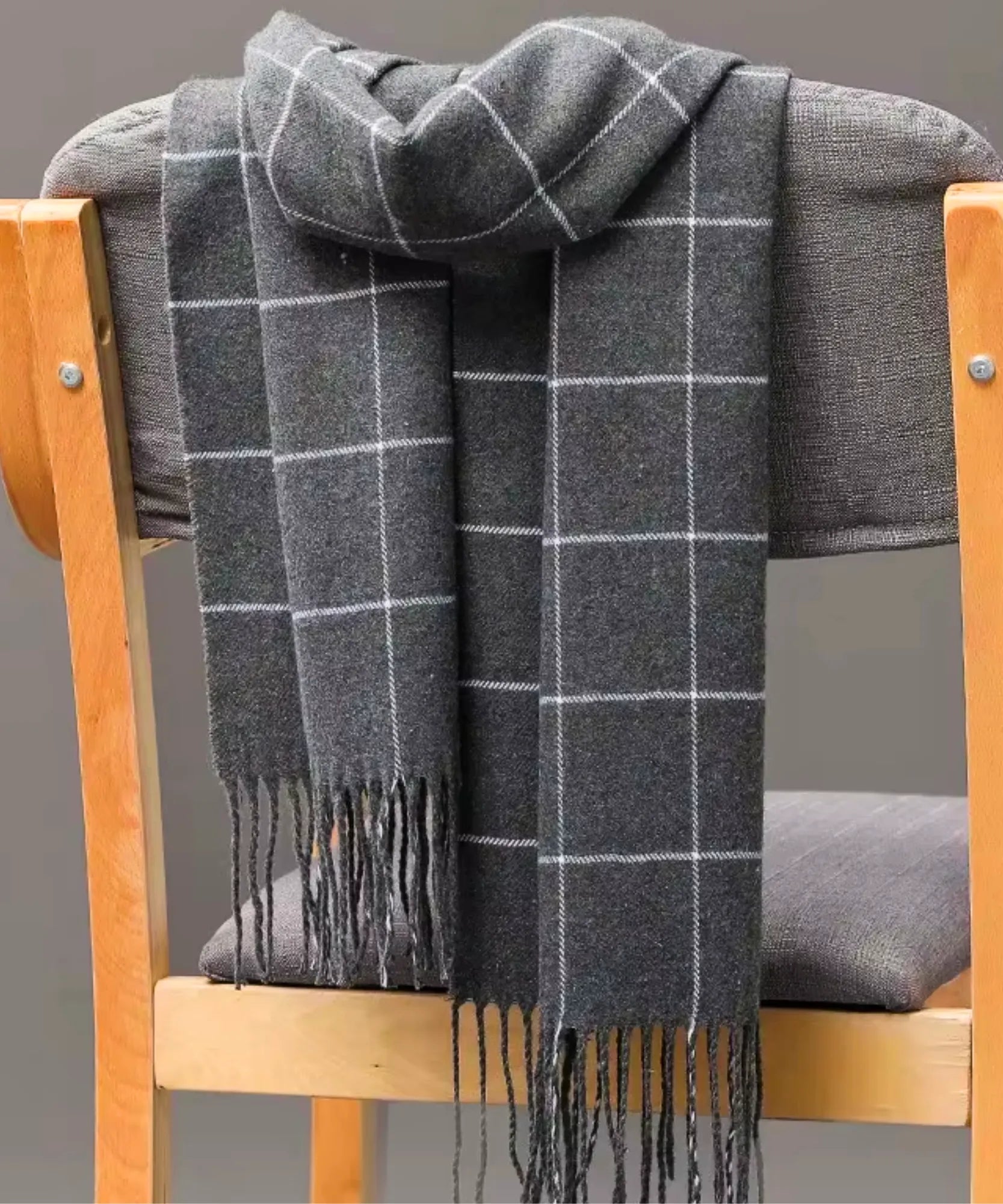 Comprar cachecol masculino xadrez de lã premium com franja fina para inverno urbano elegante em promoção ANELLIMN