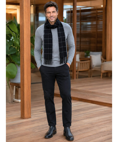 Comprar cachecol masculino xadrez de lã premium com franja fina para inverno urbano elegante em promoção ANELLIMN