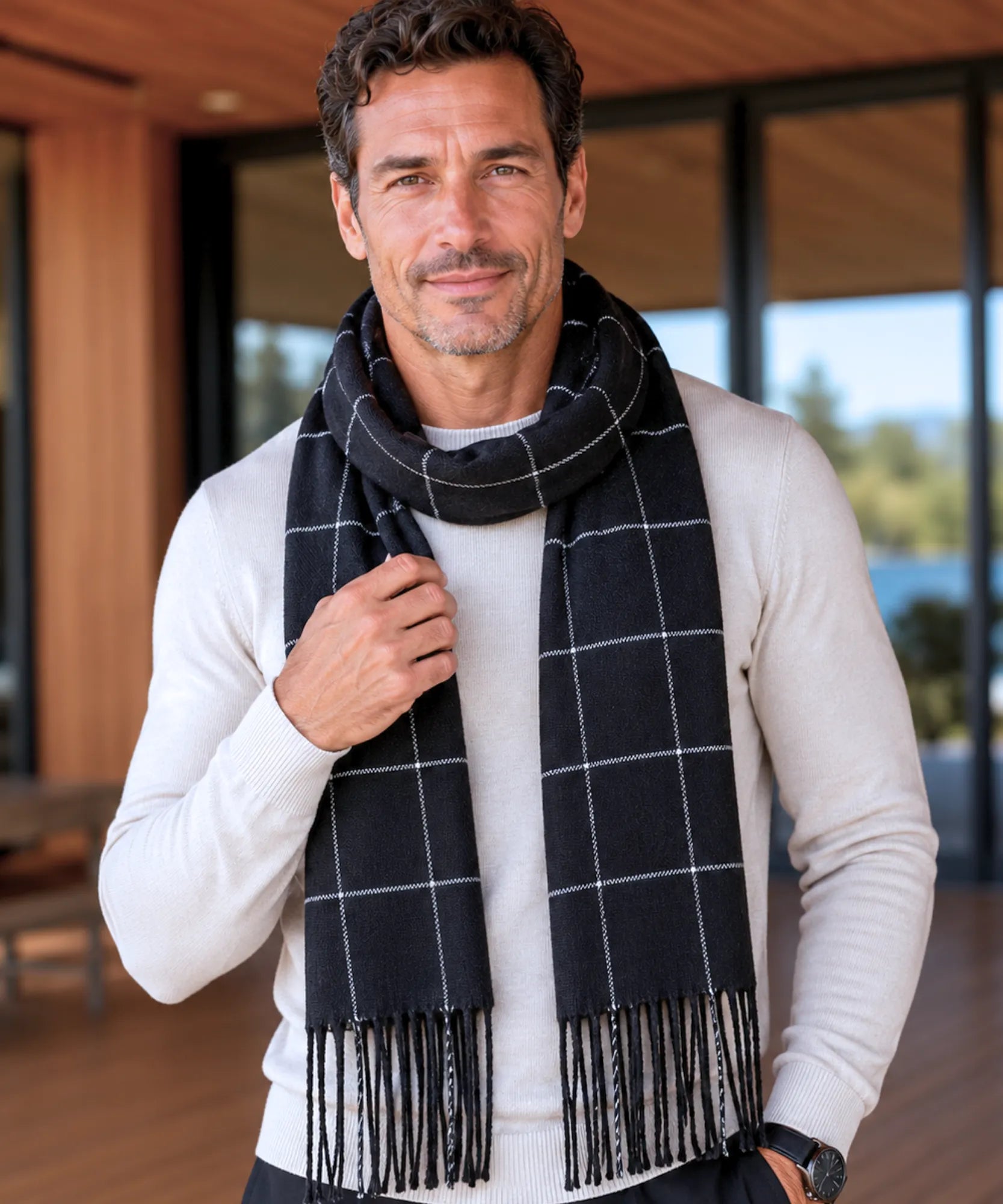 Comprar cachecol masculino xadrez de lã premium com franja fina para inverno urbano elegante em promoção ANELLIMN