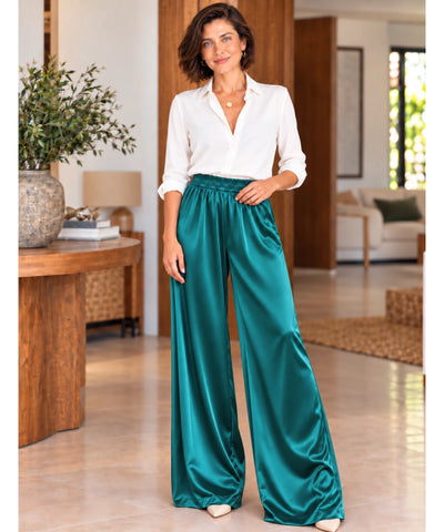Comprar calça acetinada feminina pantalona azul petróleo em promoção Anellimn