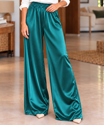 Comprar calça acetinada feminina pantalona azul petróleo cintura alta em promoção Anellimn