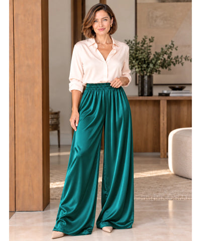 Comprar calça acetinada feminina pantalona azul petróleo corpo inteiro em promoção Anellimn