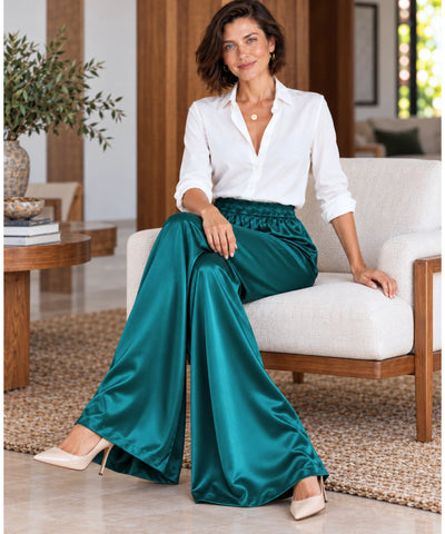 Comprar calça acetinada feminina pantalona azul petróleo em promoção Anellimn