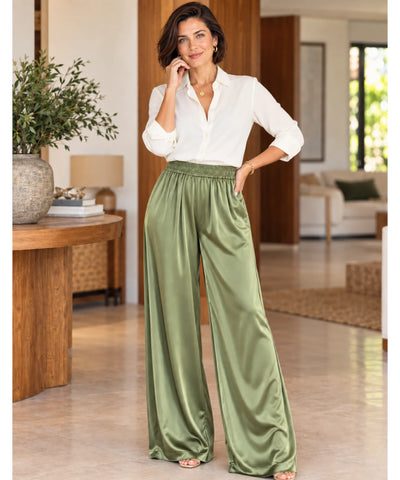 Comprar calça acetinada feminina pantalona verde oliva corpo inteiro em promoção Anellimn