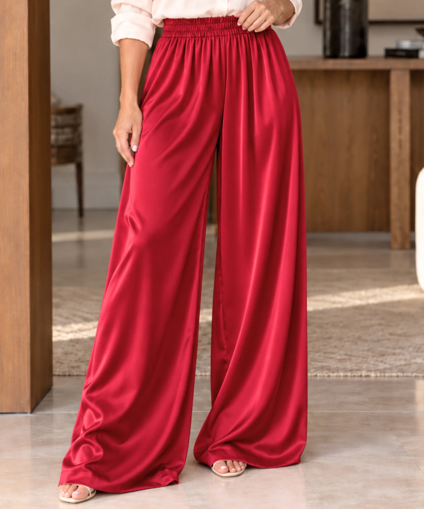 Comprar calça acetinada feminina pantalona vermelha em promoção Anellimn