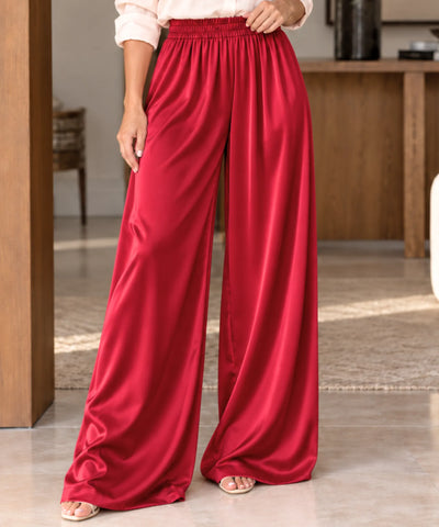 Comprar calça acetinada feminina pantalona vermelha em promoção Anellimn
