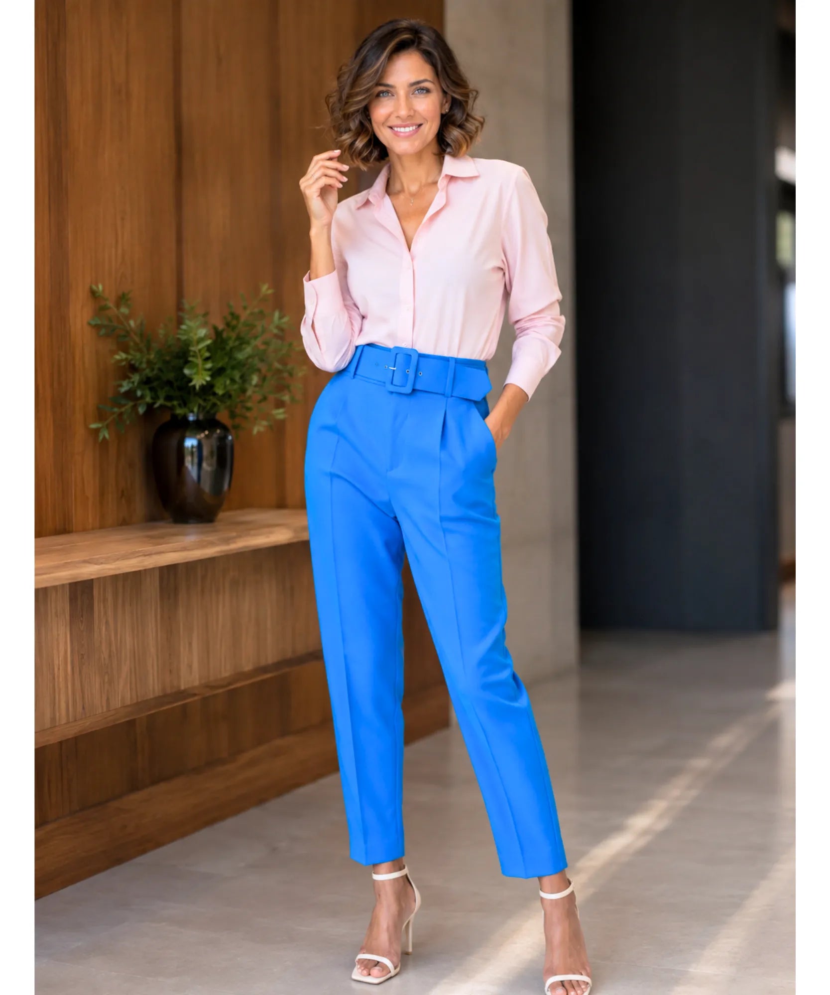 Modelo de corpo inteiro vestindo calça alfaiataria cenoura azul royal com camisa rosa claro