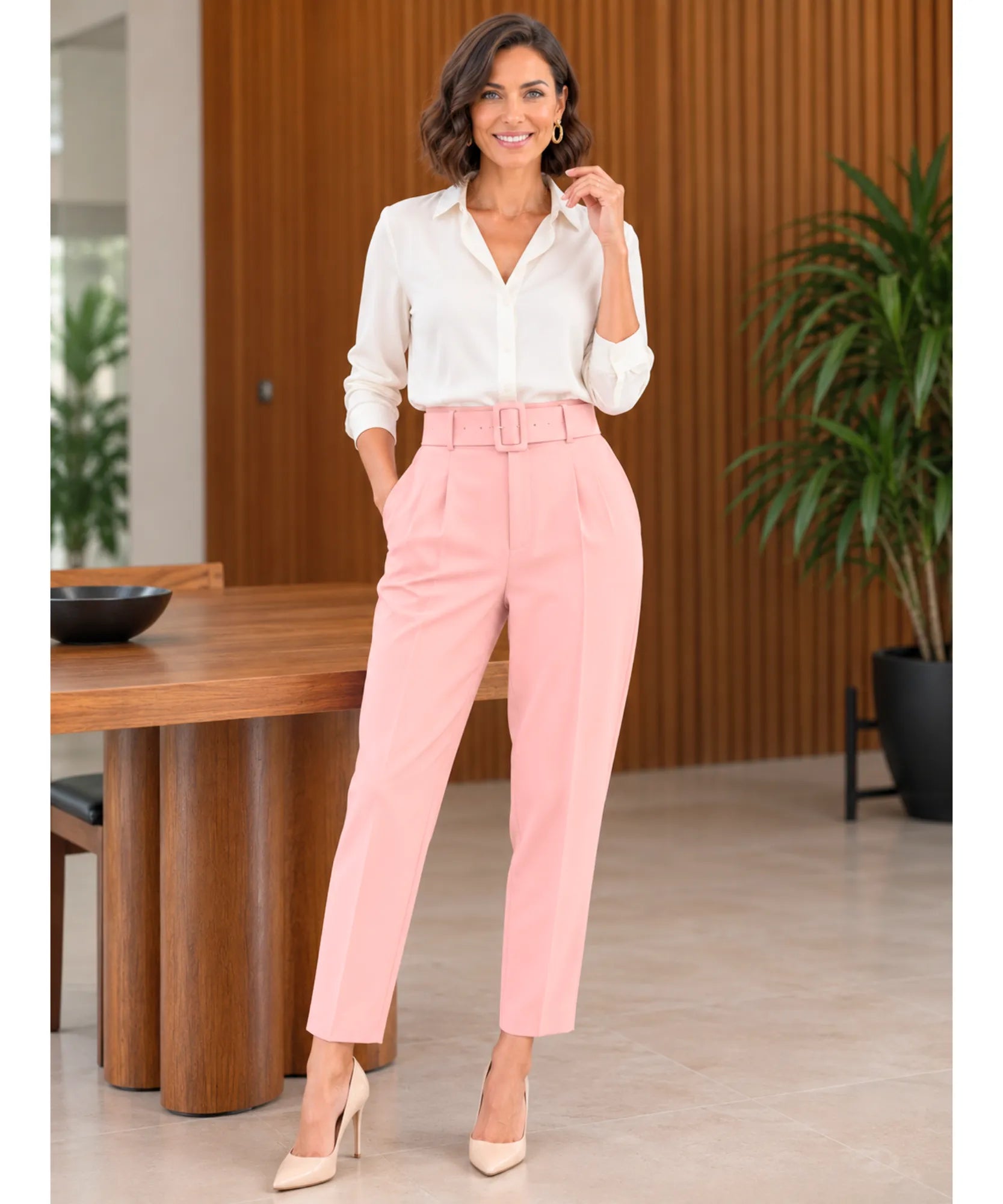 Modelo de corpo inteiro vestindo calça alfaiataria cenoura rosa bebê com camisa branca