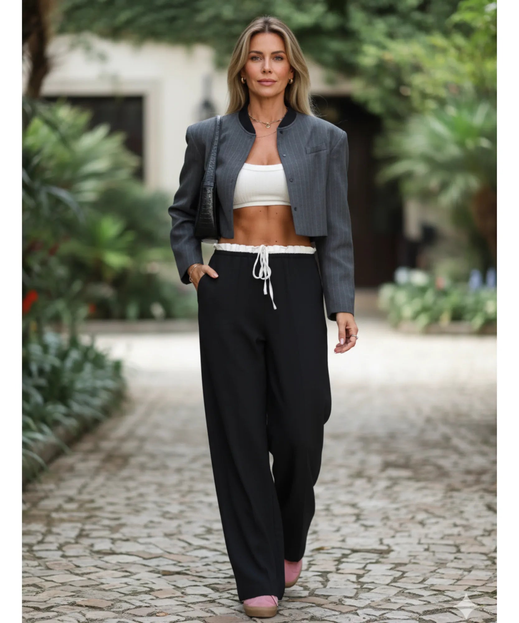 Calça alfaiataria wide leg preta em look de rua com blazer cinza cropped
