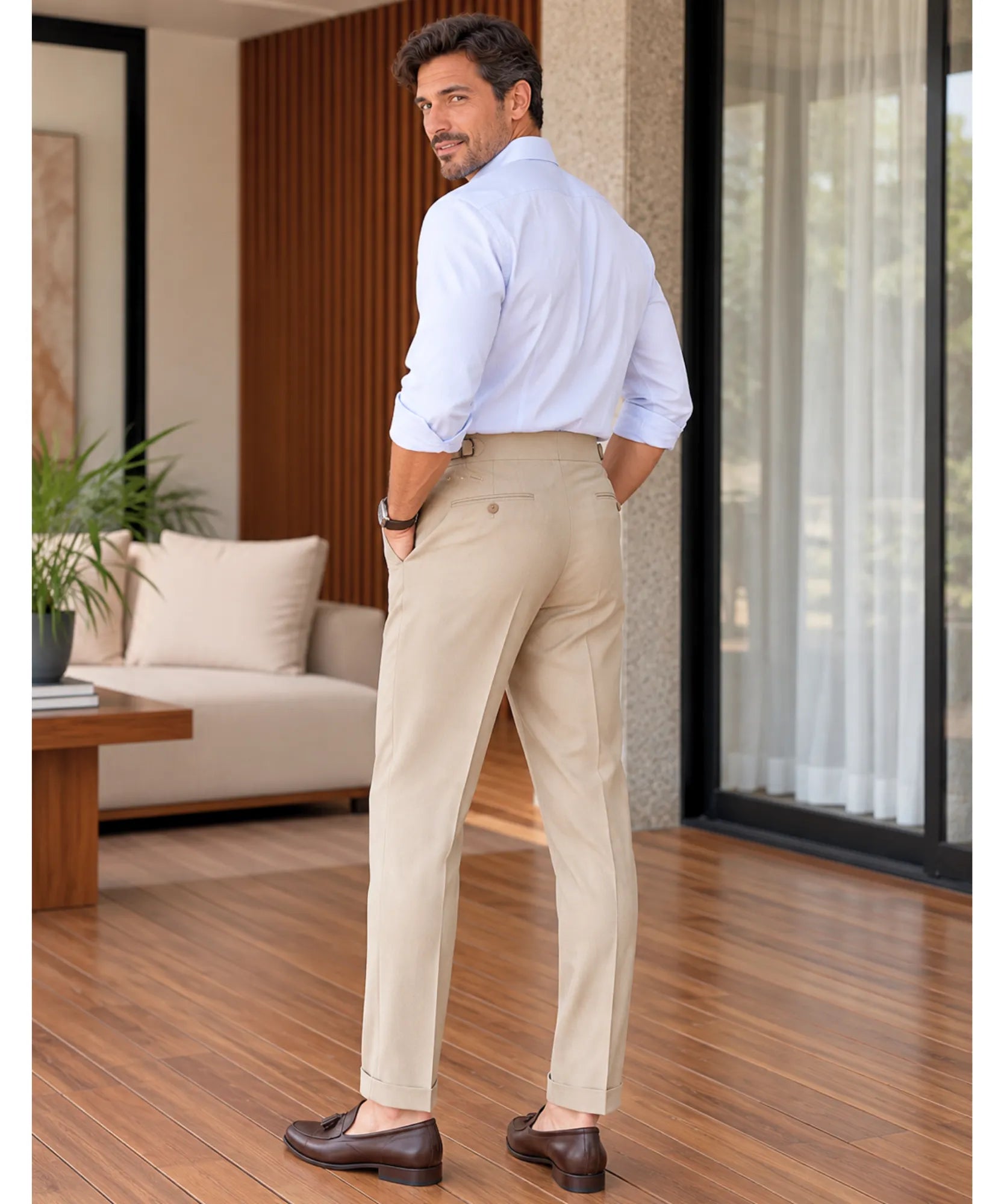 Comprar calça alfaiataria masculina cintura alta bege costas em promoção Anellimn