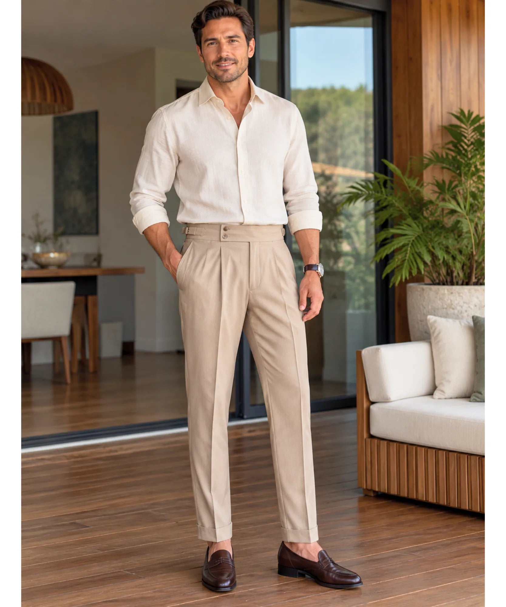 Comprar calça alfaiataria masculina cintura alta bege em promoção Anellimn