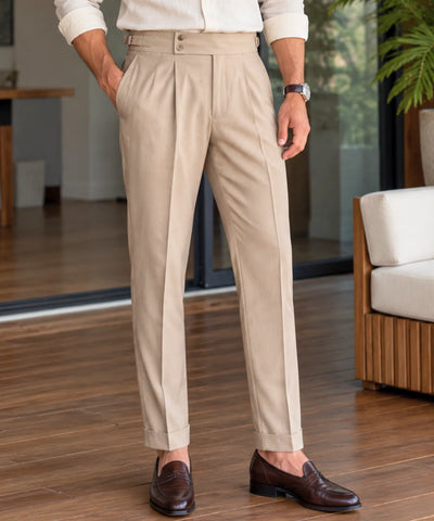 Comprar calça alfaiataria masculina cintura alta bege em promoção Anellimn