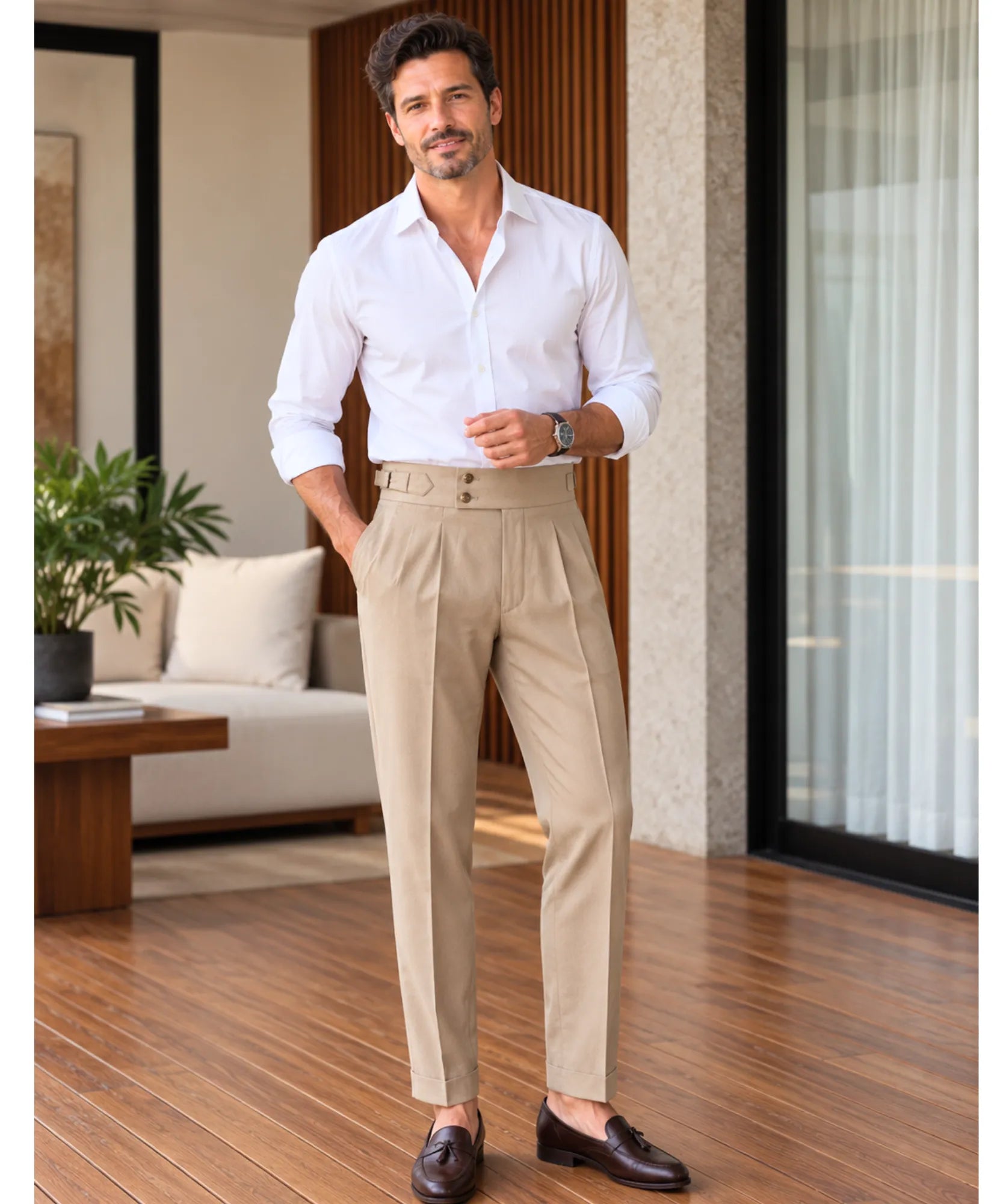 Comprar calça alfaiataria masculina cintura alta bege em promoção Anellimn
