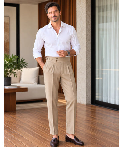 Comprar calça alfaiataria masculina cintura alta bege em promoção Anellimn
