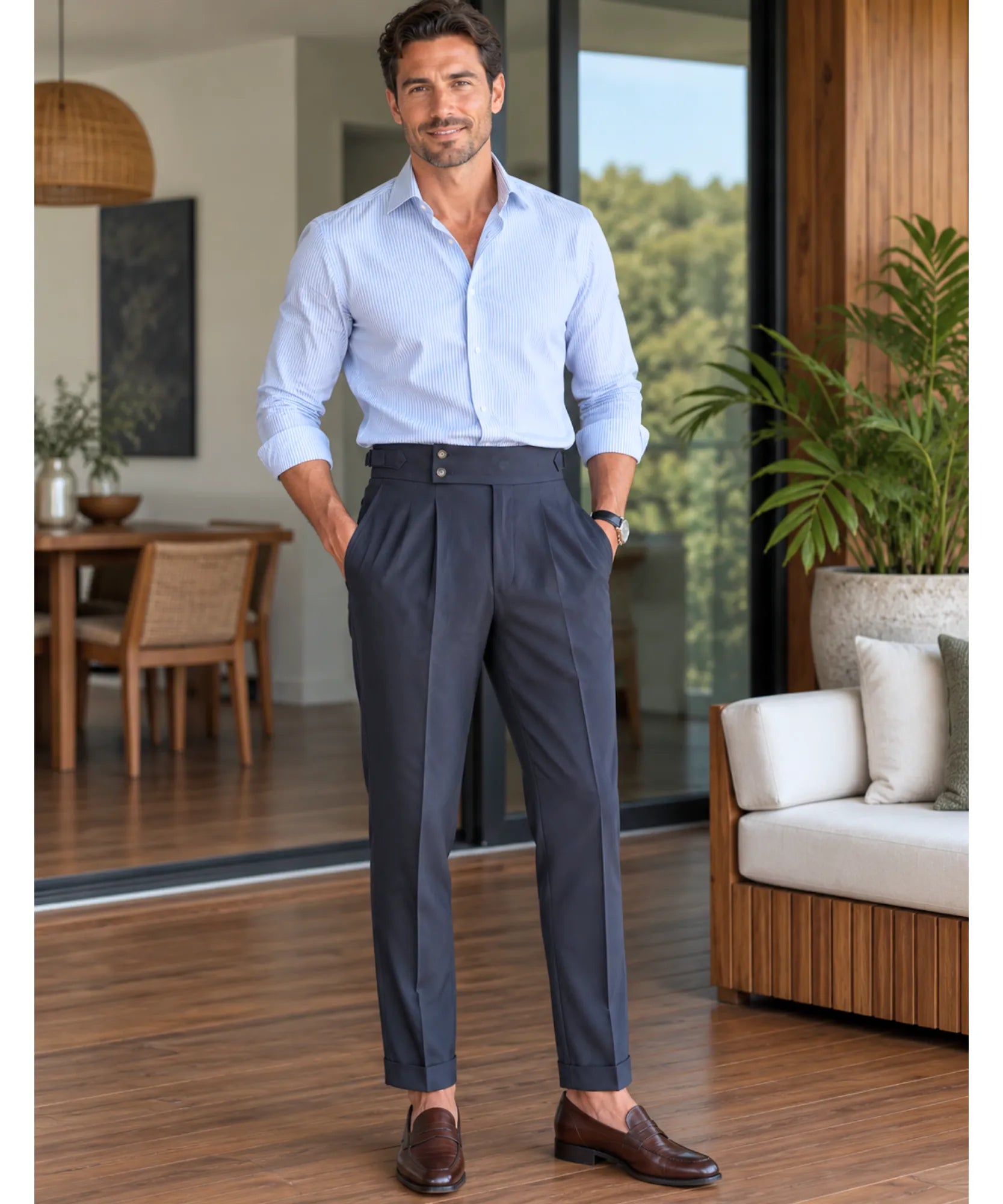 Comprar calça alfaiataria masculina cintura alta cinza em promoção Anellimn