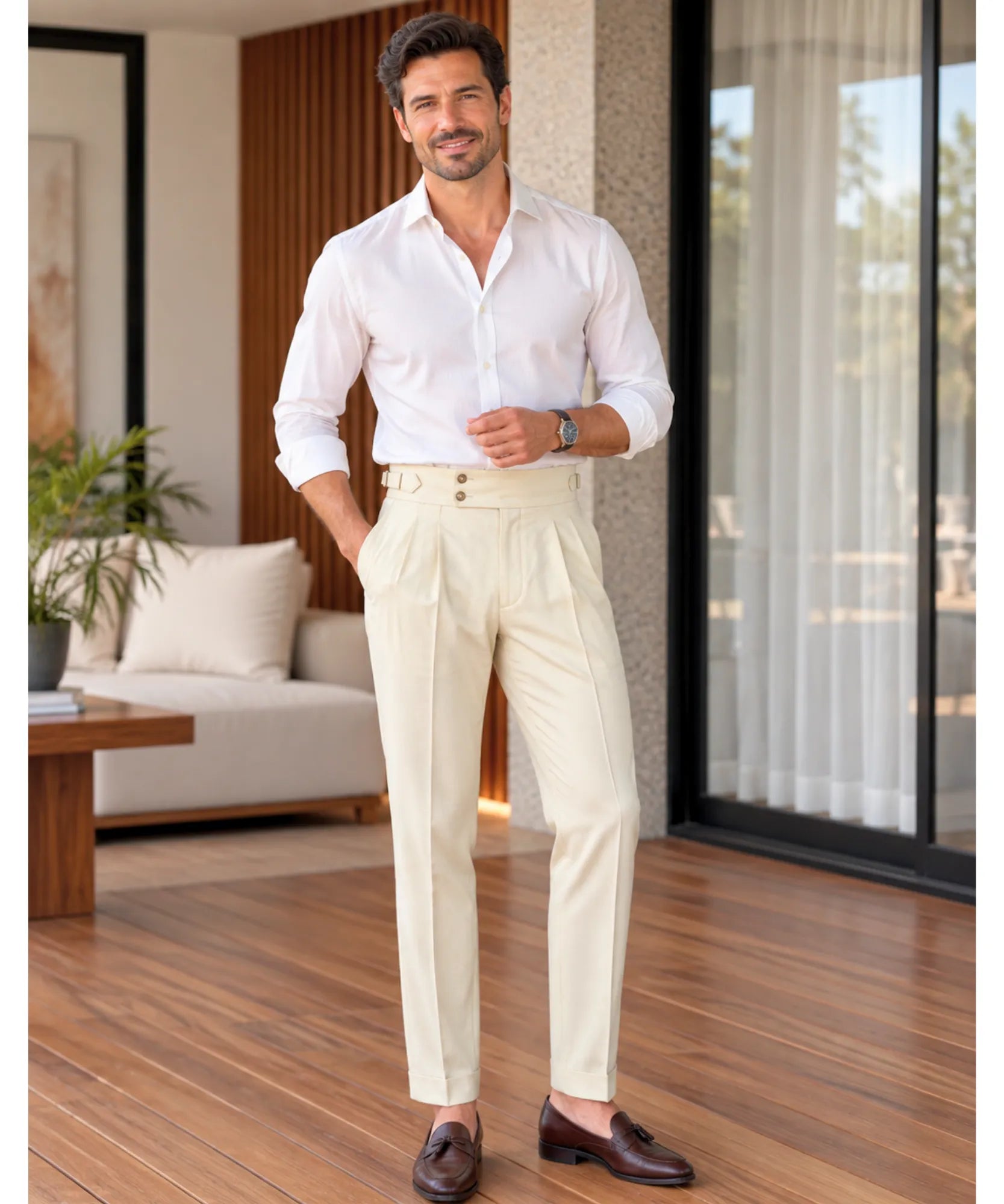 Comprar calça alfaiataria masculina cintura alta creme em promoção Anellimn