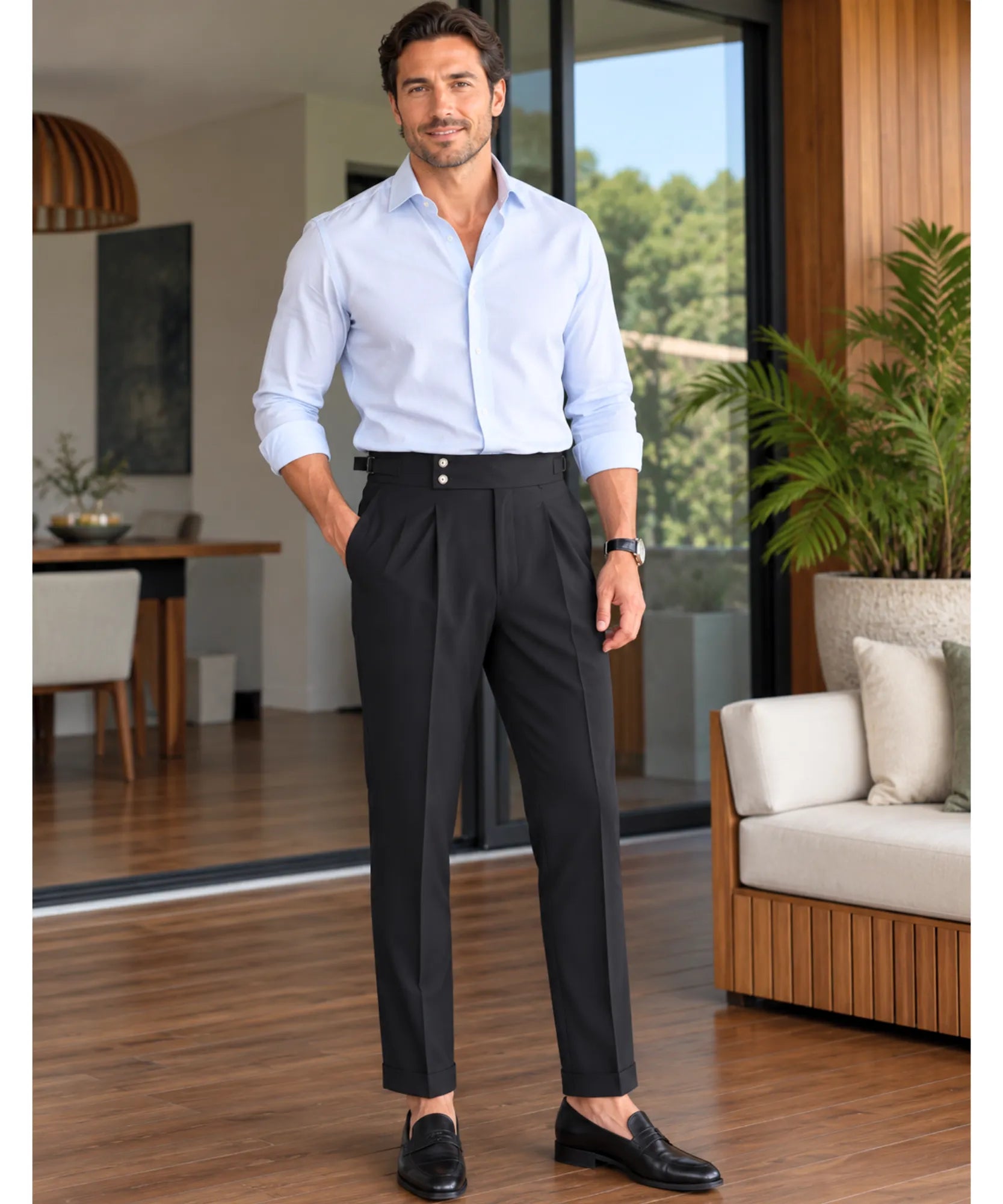 Comprar calça alfaiataria masculina cintura alta preta em promoção Anellimn