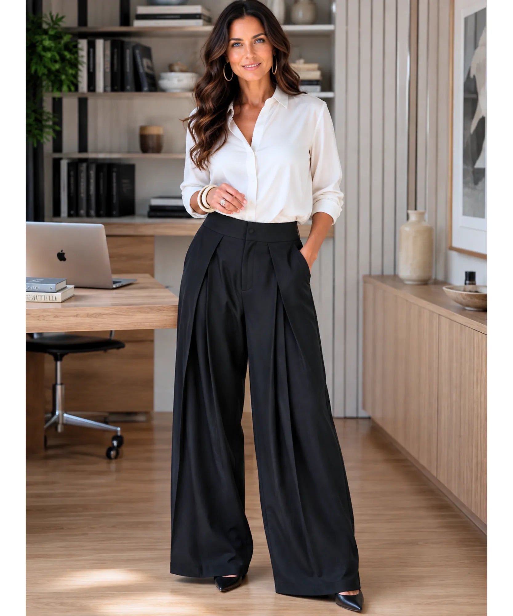 Calça alfaiataria preta wide leg feminina dos pés à cabeça, look de trabalho