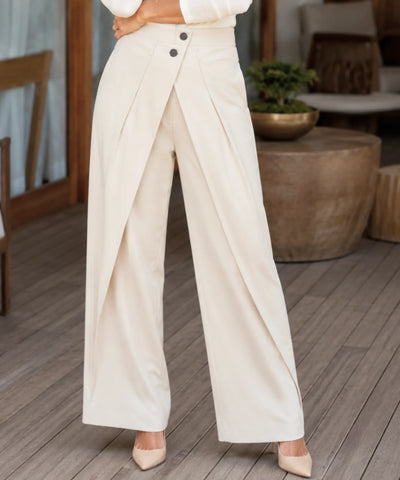 Comprar Calça Alfaiataria Wide Leg Feminina cintura alta com sobreposição frontal barato em promoção ANELLIMN