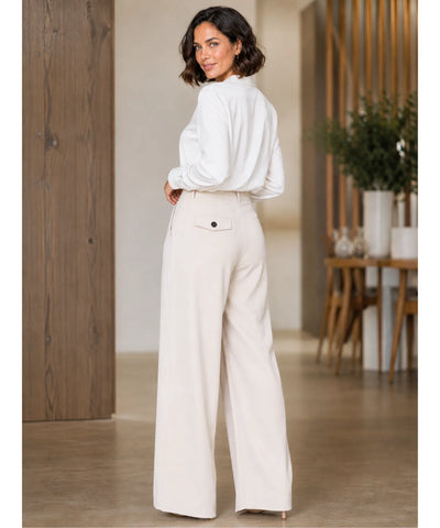 Comprar Calça Alfaiataria Wide Leg Feminina cintura alta com sobreposição frontal barato em promoção ANELLIMN