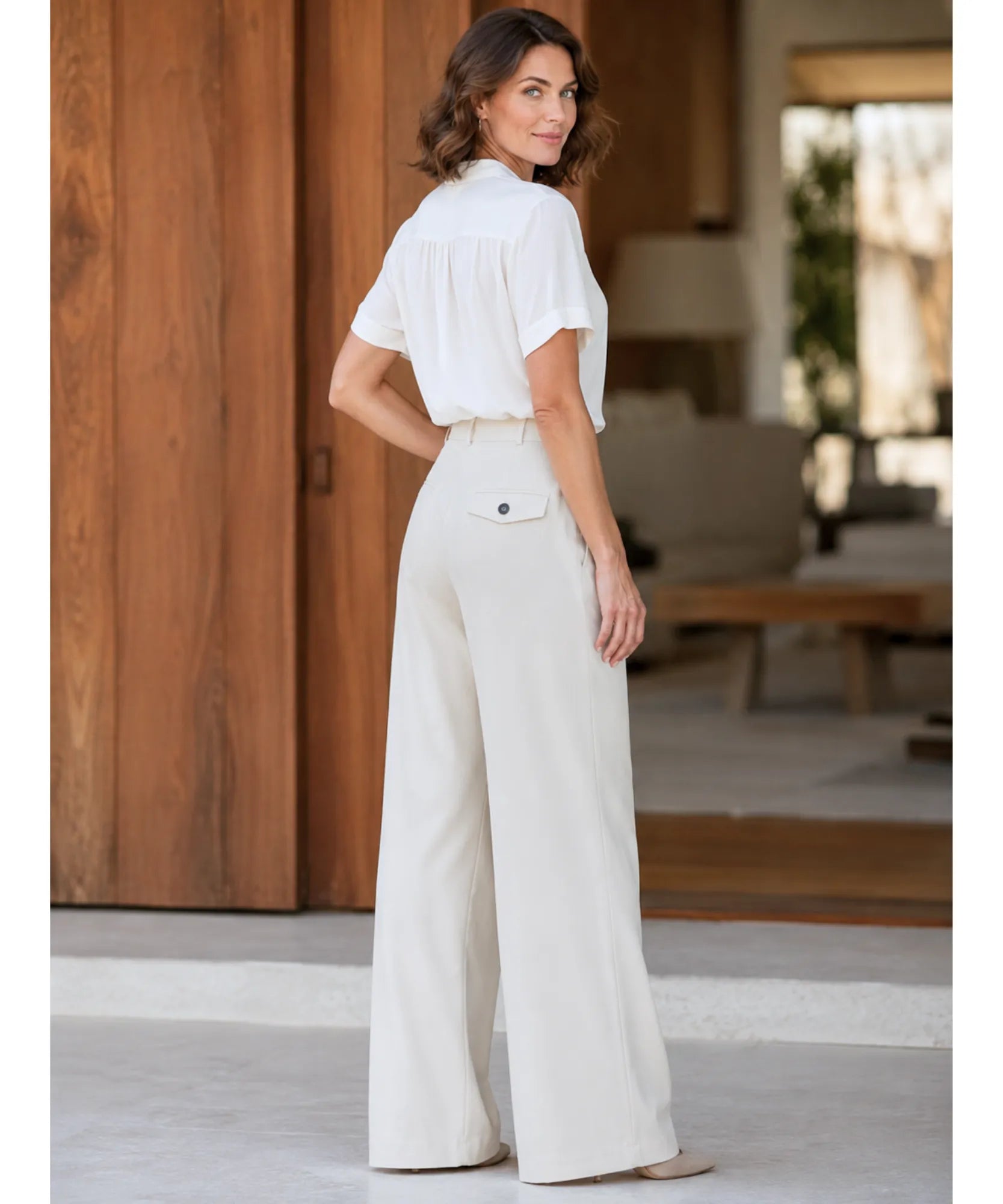 Comprar Calça Alfaiataria Wide Leg Feminina cintura alta com sobreposição frontal barato em promoção ANELLIMN