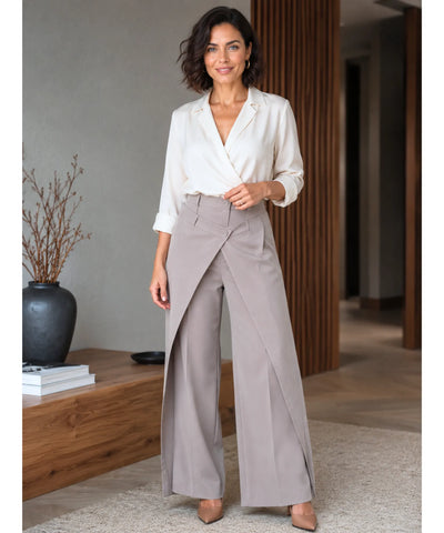 Comprar Calça Alfaiataria Wide Leg Feminina cintura alta com sobreposição frontal barato em promoção ANELLIMN