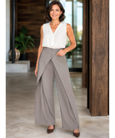 Comprar Calça Alfaiataria Wide Leg Feminina cintura alta com sobreposição frontal barato em promoção ANELLIMN