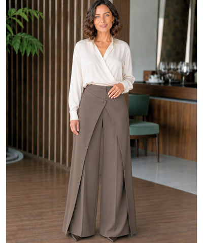 Comprar Calça Alfaiataria Wide Leg Feminina cintura alta com sobreposição frontal barato em promoção ANELLIMN