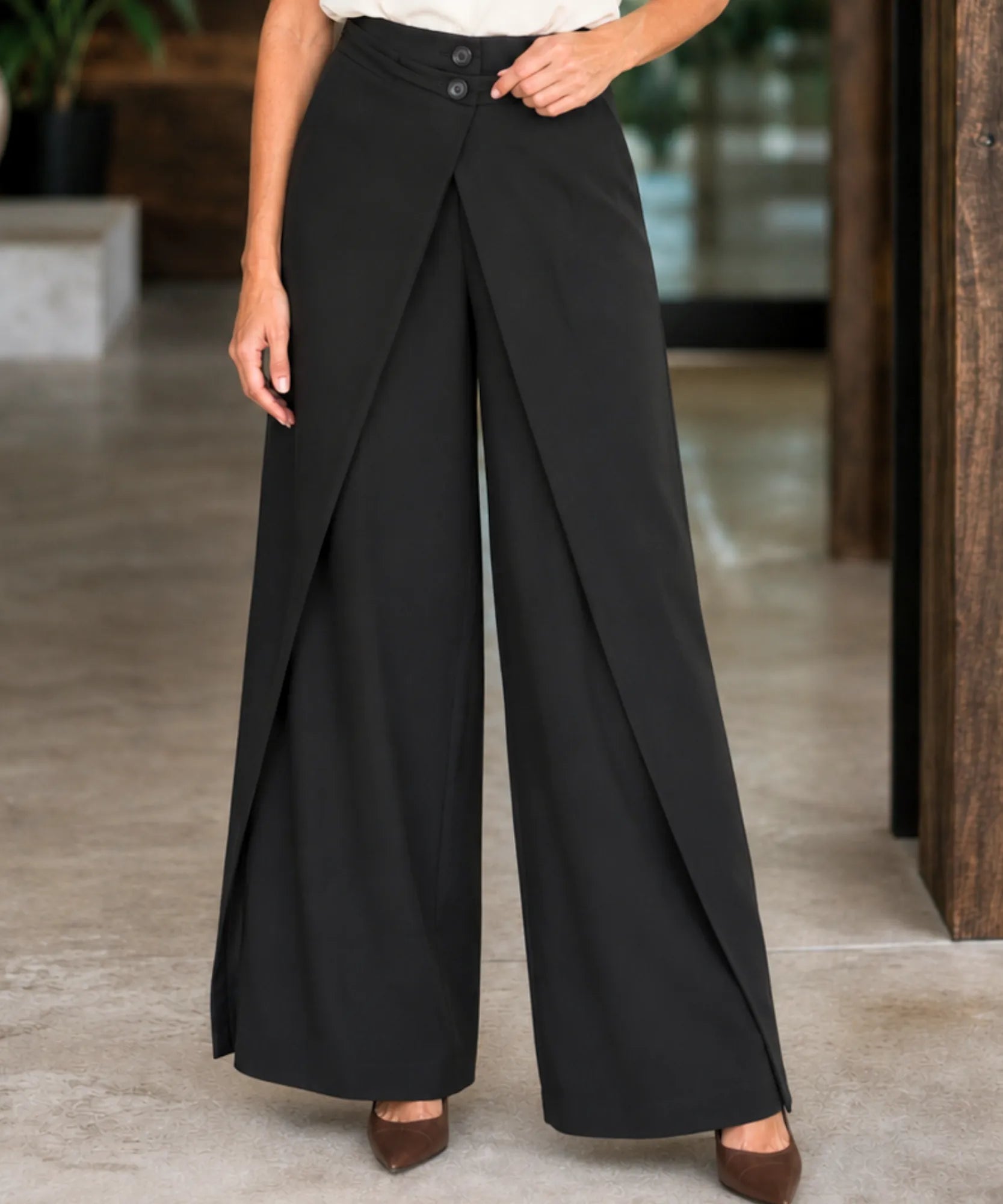 Comprar Calça Alfaiataria Wide Leg Feminina cintura alta com sobreposição frontal barato em promoção ANELLIMN