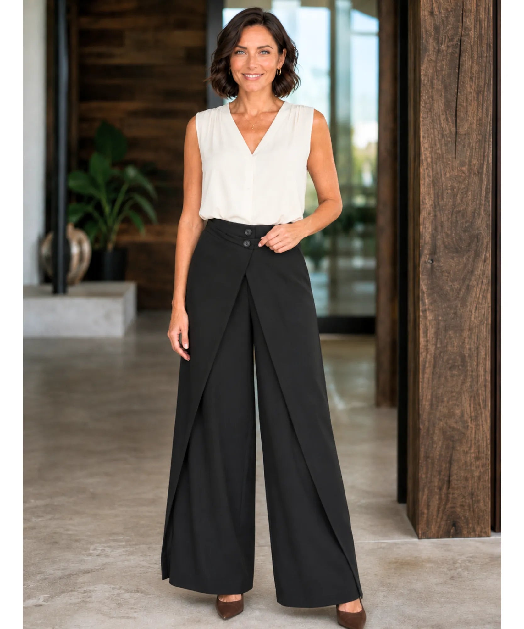 Comprar Calça Alfaiataria Wide Leg Feminina cintura alta com sobreposição frontal barato em promoção ANELLIMN