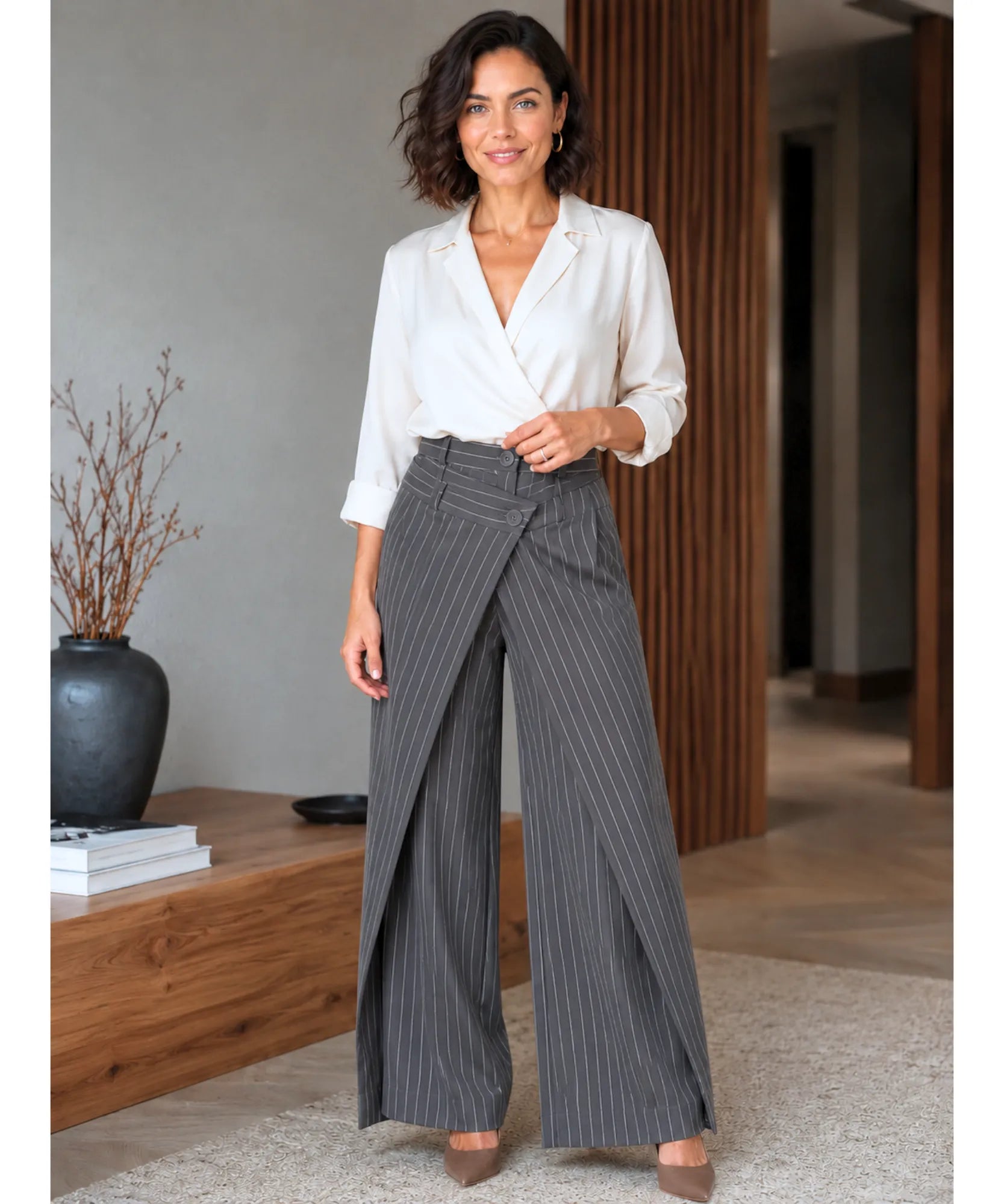 Comprar Calça Alfaiataria Wide Leg Feminina cintura alta com sobreposição frontal barato em promoção ANELLIMN