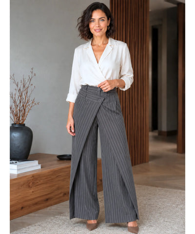 Comprar Calça Alfaiataria Wide Leg Feminina cintura alta com sobreposição frontal barato em promoção ANELLIMN