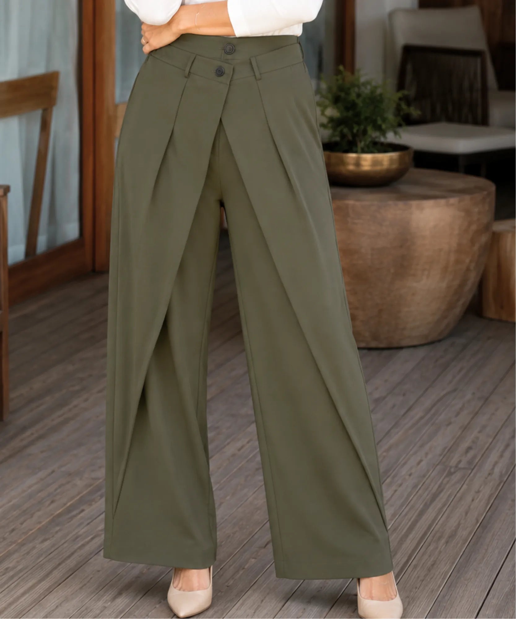 Comprar Calça Alfaiataria Wide Leg Feminina cintura alta com sobreposição frontal barato em promoção ANELLIMN