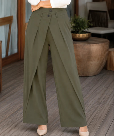 Comprar Calça Alfaiataria Wide Leg Feminina cintura alta com sobreposição frontal barato em promoção ANELLIMN