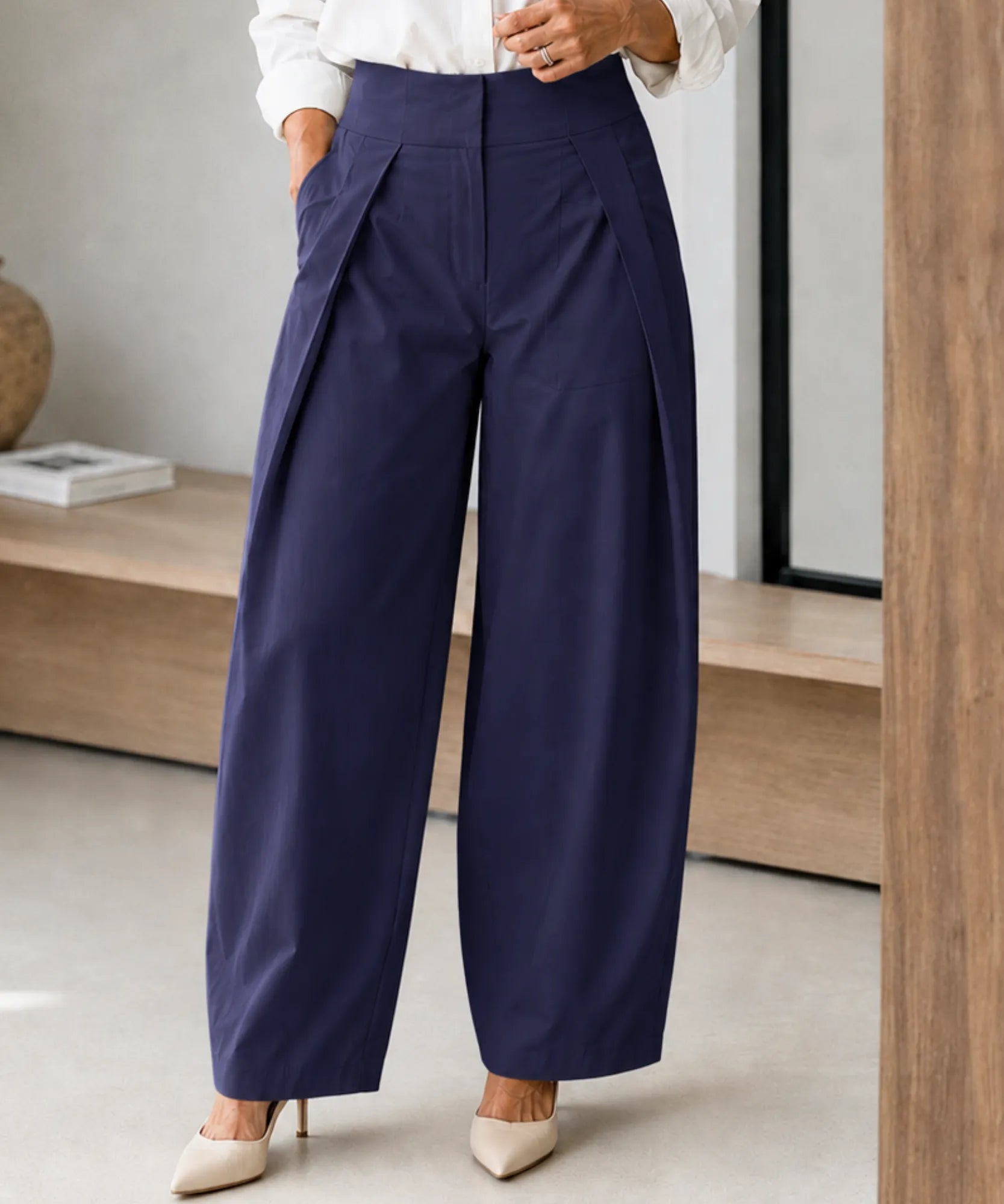 Comprar calça baggy alfaiataria feminina barrel cintura alta risca de giz para trabalho e festas barato em promoção ANELLIMN 