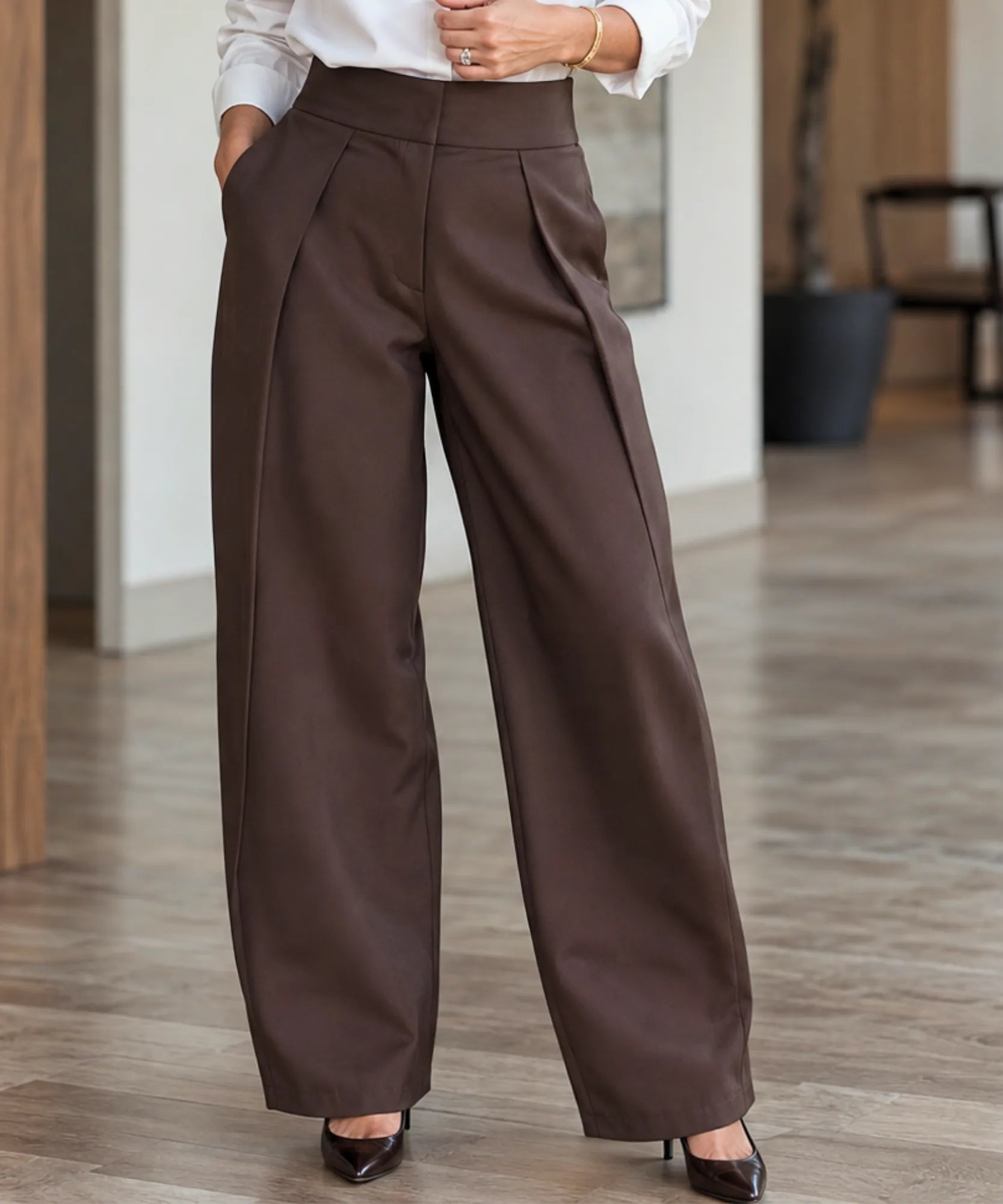 Comprar calça baggy alfaiataria feminina barrel cintura alta risca de giz para trabalho e festas barato em promoção ANELLIMN 