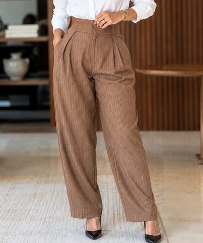 Comprar calça baggy alfaiataria feminina barrel cintura alta risca de giz para trabalho e festas barato em promoção ANELLIMN 