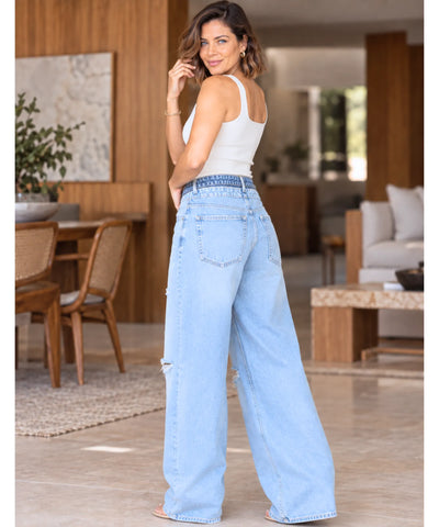 Comprar calça baggy feminina perna larga azul claro em promoção Anellimn