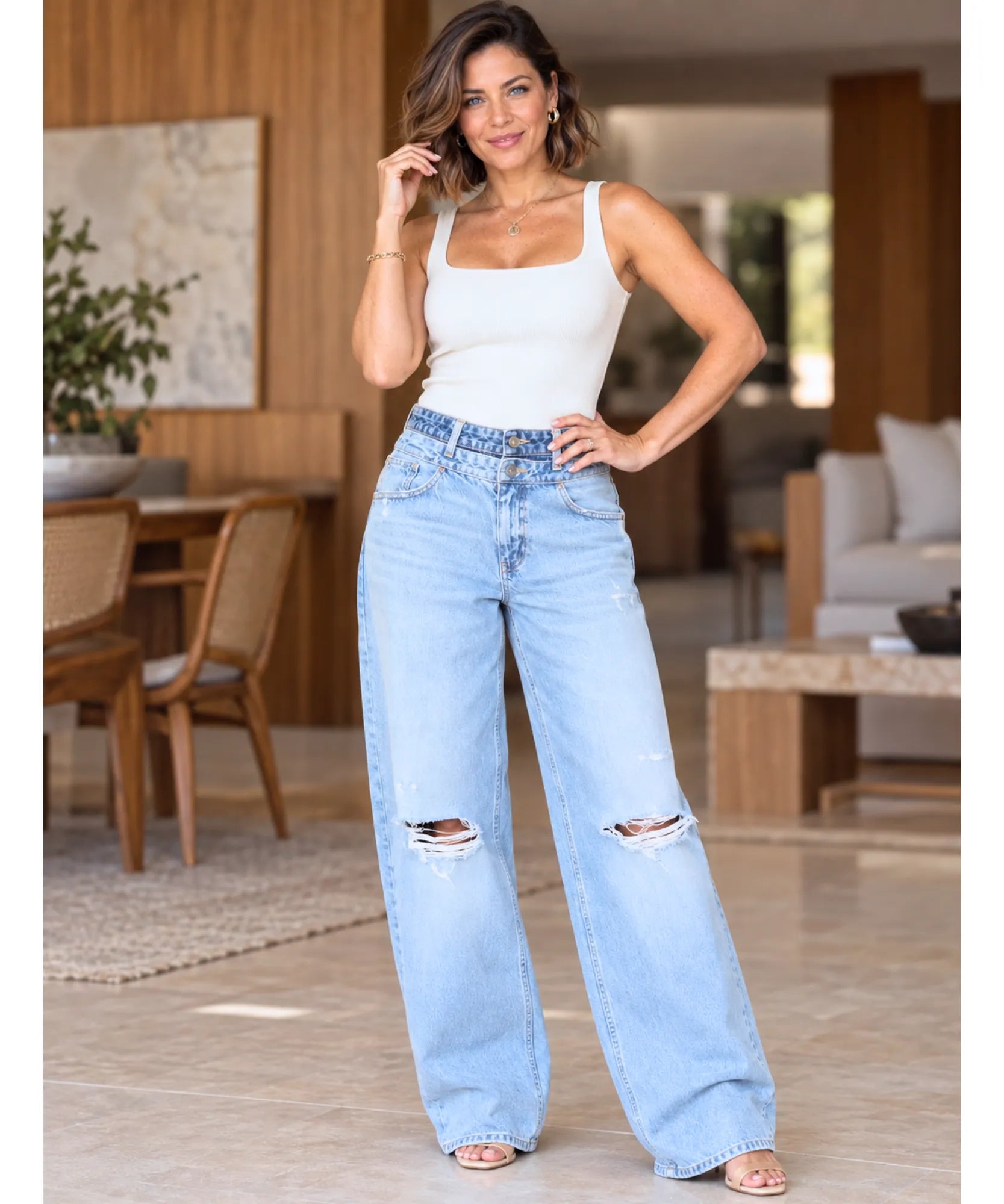 Comprar calça baggy feminina jeans rasgada com cós duplo azul claro em promoção Anellimn