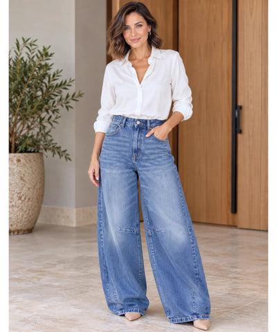 Comprar calça balão feminina jeans cintura média azul em promoção Anellimn
