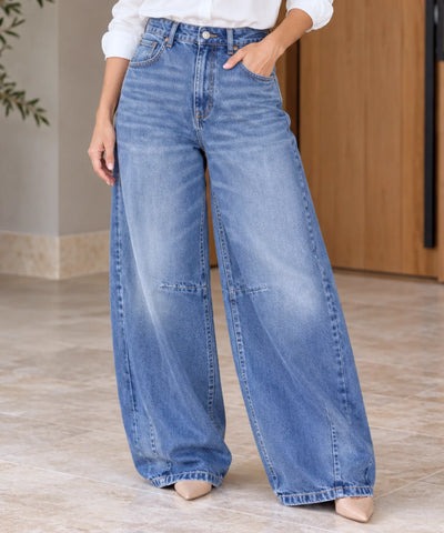 Comprar calça balão feminina jeans perna curva azul em promoção Anellimn
