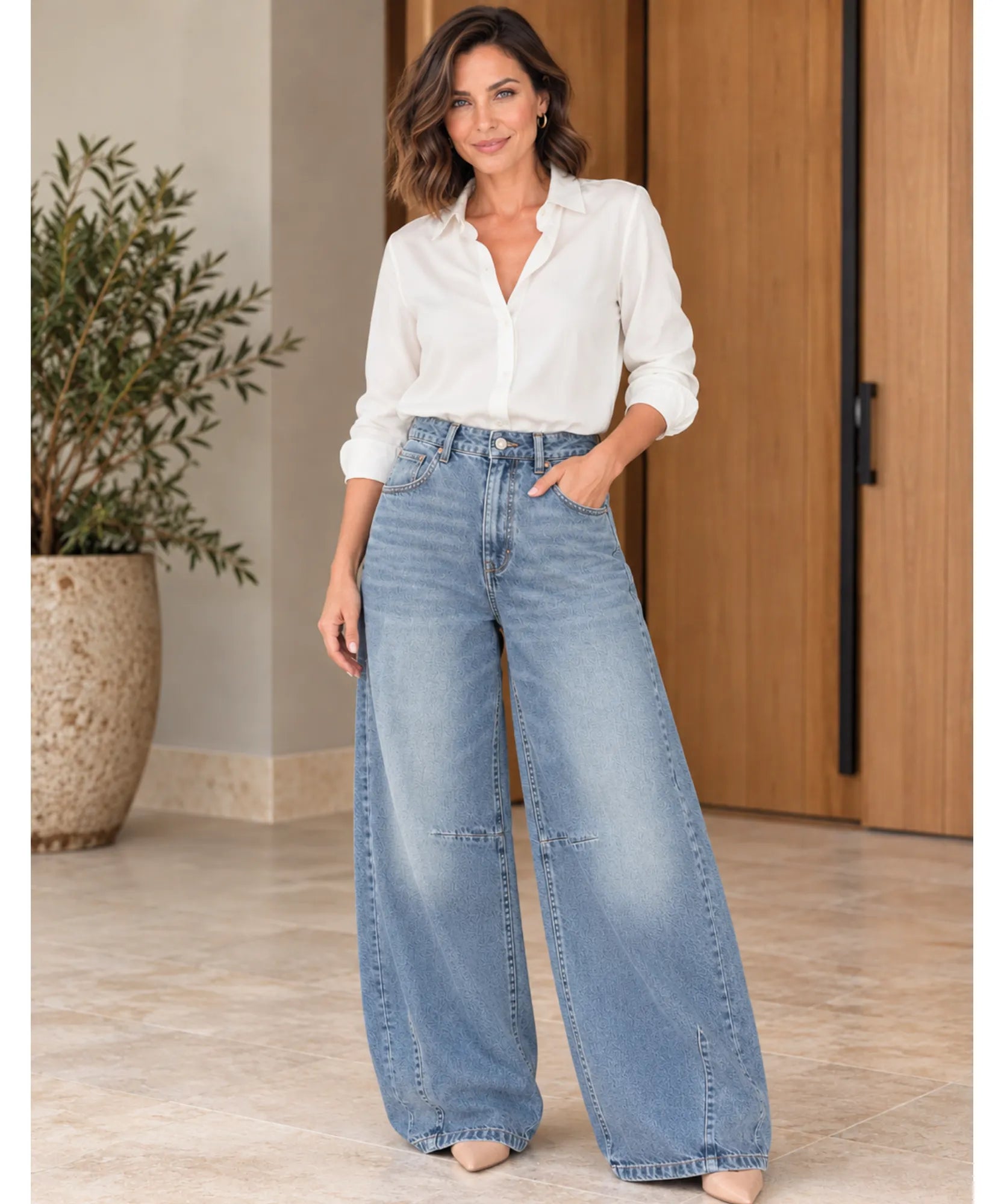 Comprar calça balão feminina jeans cintura média azul claro em promoção Anellimn