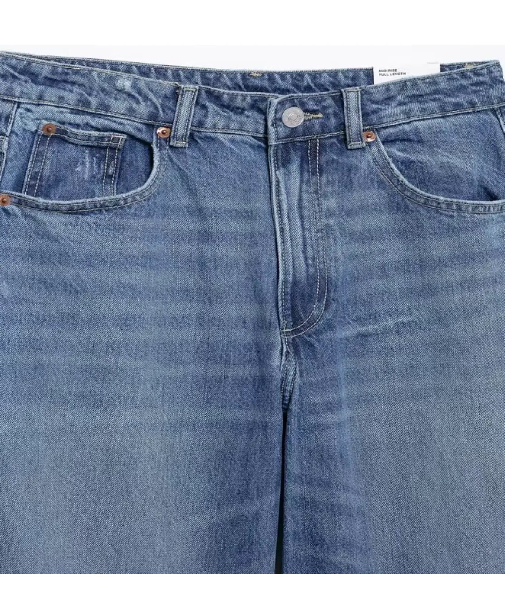 Comprar calça balão feminina jeans detalhe do cós azul em promoção Anellimn