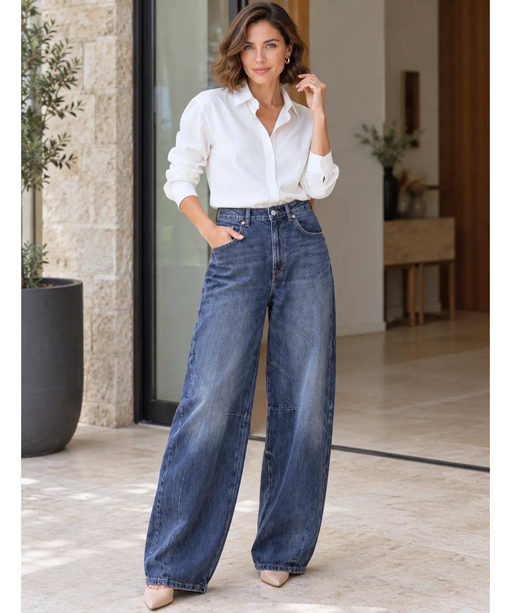 Comprar calça balão feminina jeans cintura média azul escuro em promoção Anellimn