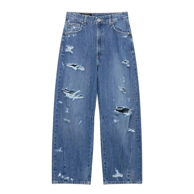 Comprar calça balão feminina jeans rasgada azul still em promoção Anellimn