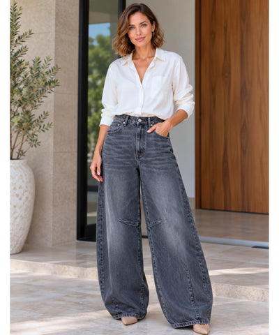 Comprar calça balão feminina jeans cintura média cinza em promoção Anellimn