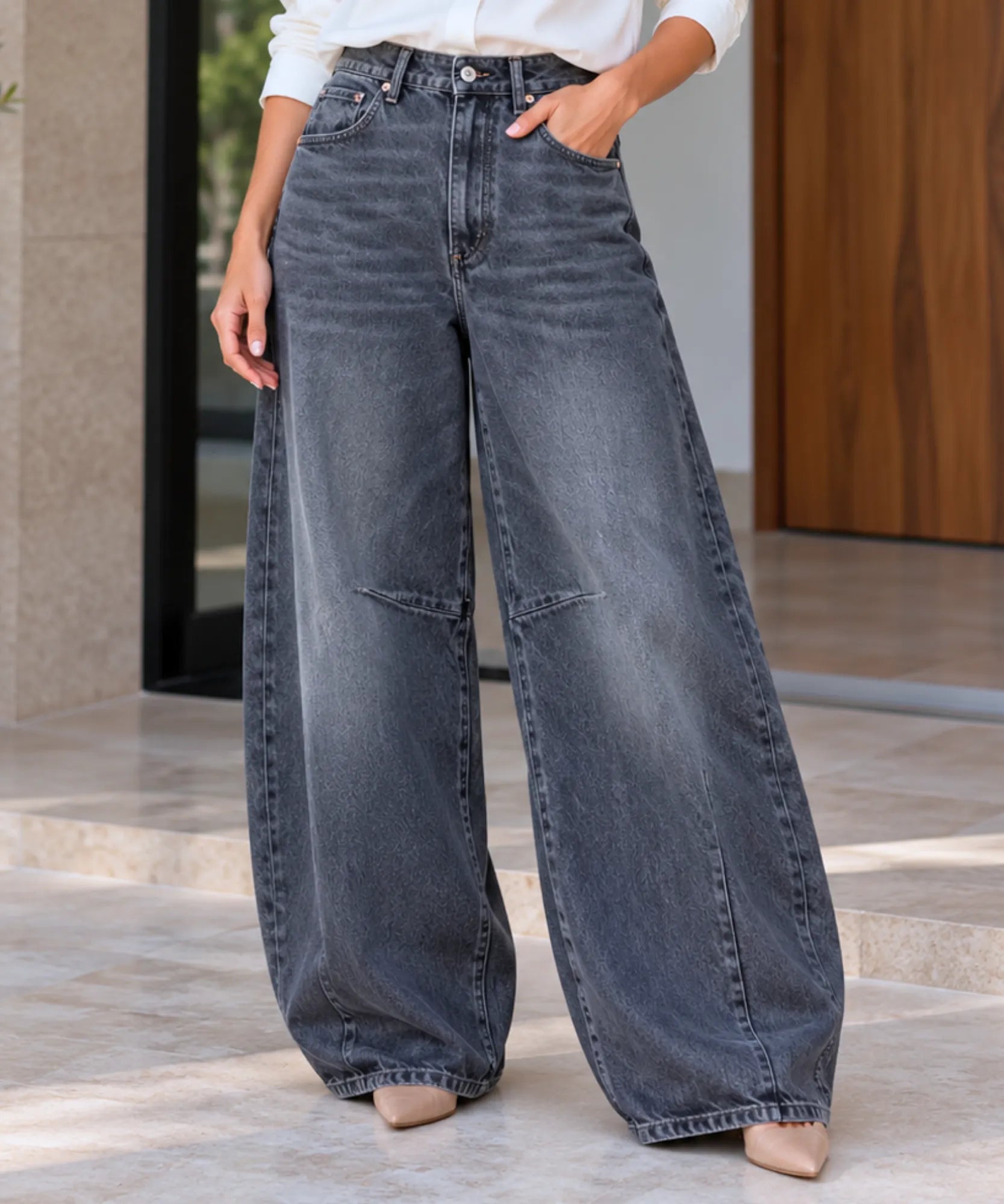 Comprar calça balão feminina jeans perna curva cinza em promoção Anellimn