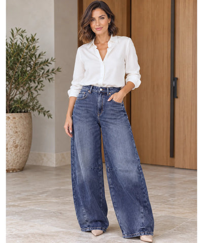 Comprar calça balão feminina jeans cintura média índigo em promoção Anellimn