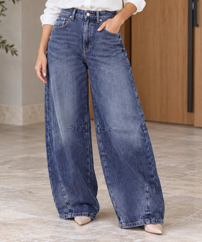 Comprar calça balão feminina jeans perna curva índigo em promoção Anellimn