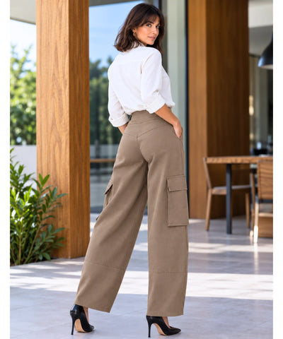 Comprar calça barrel cargo feminina marrom com bolsos laterais barata Anellimn